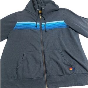 Aviator Nation Dark Gray Zip Up Sweater with Blue Stripes